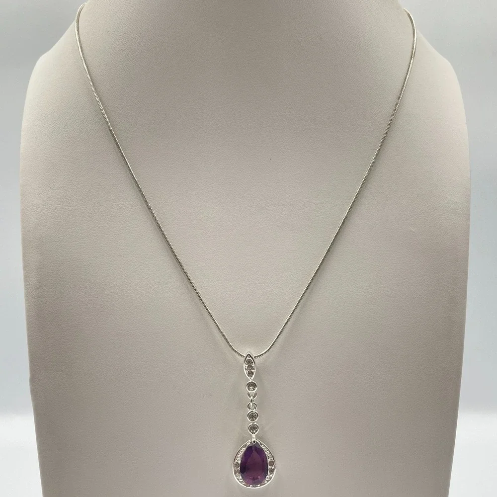 Vintage RMN Purple Pear Cut Glass Pendant Silver Tone Snake Chain Necklace